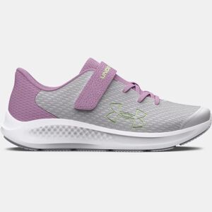 Girls' Pre-School Under Armour Pursuit 3 AC Big Logo Running Shoes Halo Gray / Fresh Orchid / Lumos Lime 33 Gray Size: (33)
