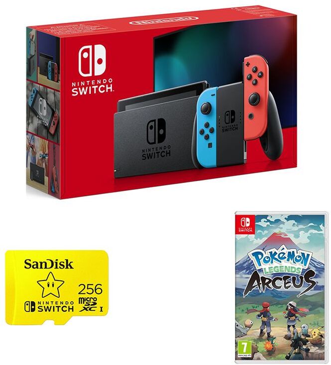 NINTENDO Switch Neon, Pokemon Legends: Arceus &amp; MicroSD Card Bundle, Neon