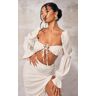 PrettyLittleThing Cream Woven Cinched Puff Long Sleeve Tie Front Bralet