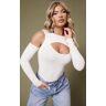 PrettyLittleThing Cream Contrast Fabric Cold Shoulder Bodysuit