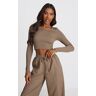 PrettyLittleThing Coffee Structured Contour Ribbed Round Neck Long Sleeve Crop Top