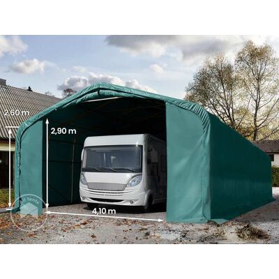 TOOLPORT 6x24m 2.6m Sides Carport Tent / Portable Garage, 4.1x2.9m Drive Through, PVC 850, dark green with statics package (soft ground anchors) - (99439) TOOLPORT 6x24m 2.6m Sides Carport Tent / Portable Garage, 4.1x2.9m Drive Through, PVC 850, dark green with statics package (soft ground anchors) - (99439)