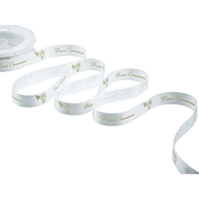 Furlanis Double Satin Ribbon Print Communion, Italian Fabric White/Gold, 16 mm x 10 m Furlanis Double Satin Ribbon Print Communion, Italian Fabric White/Gold, 16 mm x 10 m