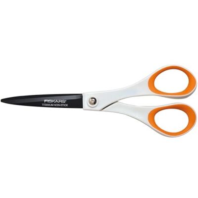 Fiskars Titanium Non-Stick Scissors 18 cm, For Right- and Left-handed Users Titanium Coating/Stainless Steel Blade/Plastic Handles, White/Orange, 1004720 Fiskars Titanium Non-Stick Scissors 18 cm, For Right- and Left-handed Users Titanium Coating/Stainless Steel Blade/Plastic Handles, White/Orange, 1004720