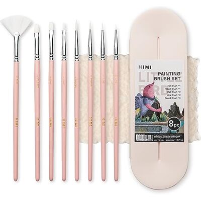 HIMI Paint Brush Set of 8, Includes 1x Fan, 1x Filbret, 2X Flat, 2X Round, 2 Liner Brushes, Pink Case, Gouache, Acrylic, Art Set Supplies, Beginner, Hobby Artist, Matching Case & Handle Colours HIMI Paint Brush Set of 8, Includes 1x Fan, 1x Filbret, 2X Flat, 2X Round, 2 Liner Brushes, Pink Case, Gouache, Acrylic, Art Set Supplies, Beginner, Hobby Artist, Matching Case & Handle Colours
