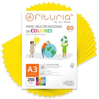 OFITURIA Coloured Sheets, Pack 250 Sheets A3 80 g – Coloured Paper for Crafts, Printer, Scrapbooking – Folios Colours – Ideal Origami, Papiroflexia, Office and School (Strong Yellow, 250h) OFITURIA Coloured Sheets, Pack 250 Sheets A3 80 g – Coloured Paper for Crafts, Printer, Scrapbooking – Folios Colours – Ideal Origami, Papiroflexia, Office and School (Strong Yellow, 250h)