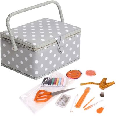Hobby Gift Medium Sewing Box Organiser Kit with Handle Cotton Basket Sewing Storage Box, Craft Storage Boxes with Compartments for Tools & Accessories 18.5 x 25.5 x 14.5cm, Grey Polka Dot Hobby Gift Medium Sewing Box Organiser Kit with Handle Cotton Basket Sewing Storage Box, Craft Storage Boxes with Compartments for Tools & Accessories 18.5 x 25.5 x 14.5cm, Grey Polka Dot