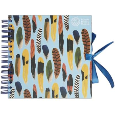 NHM Natural History Museum Wiro Bound Hardback Scrapbook, 40 Pages, White Paper, Feathers, 8" x 8", Multicoloured, with Coordinating Ribbon Closure and Wire Colours NHM Natural History Museum Wiro Bound Hardback Scrapbook, 40 Pages, White Paper, Feathers, 8" x 8", Multicoloured, with Coordinating Ribbon Closure and Wire Colours