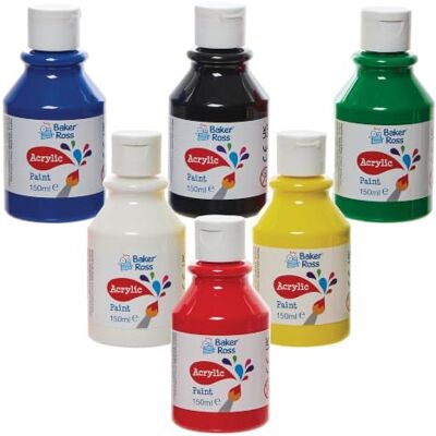 Baker Ross FN505 Primary Colours Acrylic Paints Pack of 6 Bottles, 150ml Each, Water Based Art Paint, Shiny Gloss Finish Baker Ross FN505 Primary Colours Acrylic Paints Pack of 6 Bottles, 150ml Each, Water Based Art Paint, Shiny Gloss Finish
