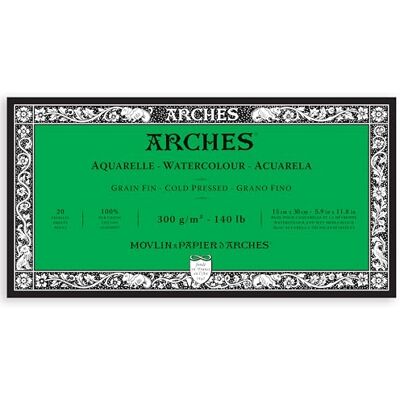 Arches Pad of 20 Watercolour Sheets (Glued on 4 Sides) 15 x 30 cm 300 g/m², Fine Grain Natural White Arches Pad of 20 Watercolour Sheets (Glued on 4 Sides) 15 x 30 cm 300 g/m², Fine Grain Natural White