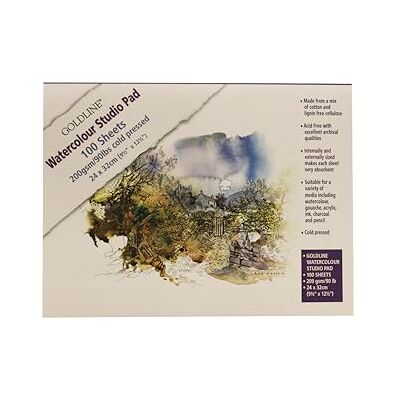 Clairefontaine Ref 421/1021Z Goldline Watercolour Studio Glued Pad (Pack of 100 Sheets) 24 x 32cm in Size, 200gsm mix of cotton and cellulose, High Absorbency Clairefontaine Ref 421/1021Z Goldline Watercolour Studio Glued Pad (Pack of 100 Sheets) 24 x 32cm in Size, 200gsm mix of cotton and cellulose, High Absorbency