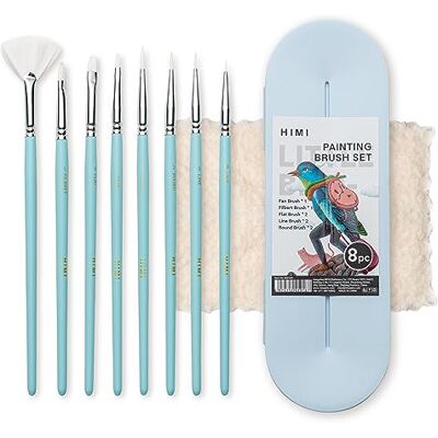 HIMI Paint Brush Set of 8, Includes Fan, Filbret, Flat, Round, Liner Brushes, Blue Case, Gouache, Acrylic, Art Set Supplies, Beginner, Hobby Artist, Matching Handle Colours HIMI Paint Brush Set of 8, Includes Fan, Filbret, Flat, Round, Liner Brushes, Blue Case, Gouache, Acrylic, Art Set Supplies, Beginner, Hobby Artist, Matching Handle Colours