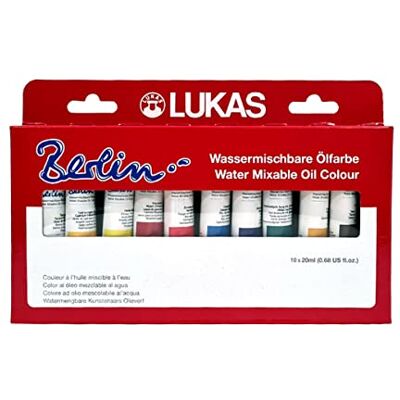 LUKAS Berlin Watermixable Oil Selection Set, 10 x 20ml in Assorted Colours, For Professional Oil Artists LUKAS Berlin Watermixable Oil Selection Set, 10 x 20ml in Assorted Colours, For Professional Oil Artists