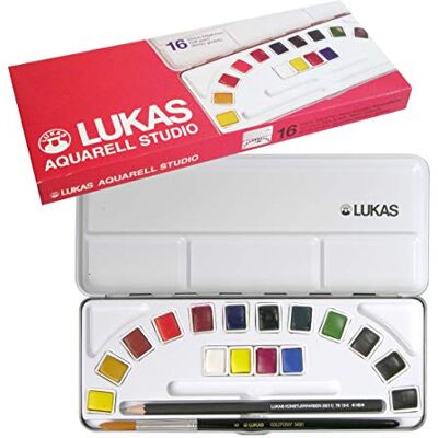 LUKAS Studio Aquarell Set, 16 x Half Pans in Assorted Colours, With Brush & Pencil, For Entry-Level Professional & Student Watercolour Artists LUKAS Studio Aquarell Set, 16 x Half Pans in Assorted Colours, With Brush & Pencil, For Entry-Level Professional & Student Watercolour Artists