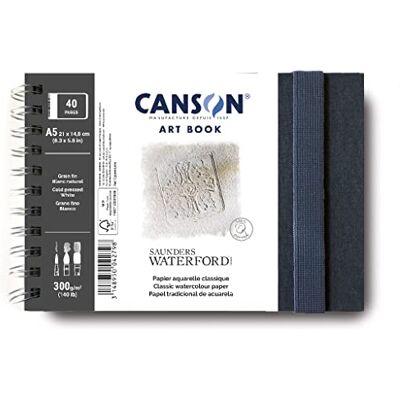 Canson Professional Art Book, Fine Grain Watercolour Saunders Waterford Paper, 300gsm, A5 Spiral Landscape Notebook, 20 White Sheets, For Professional Artists & Students Canson Professional Art Book, Fine Grain Watercolour Saunders Waterford Paper, 300gsm, A5 Spiral Landscape Notebook, 20 White Sheets, For Professional Artists & Students