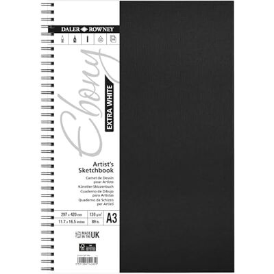 Daler Rowney Daler-Rowney Extra White Ebony 130gsm A3 Hardback Portrait Sketchbook, 46 White Sheets, Ideal for Professional Artists & Students Daler Rowney Daler-Rowney Extra White Ebony 130gsm A3 Hardback Portrait Sketchbook, 46 White Sheets, Ideal for Professional Artists & Students