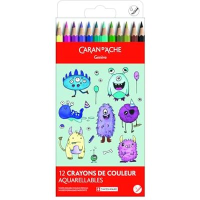 Caran d'Ache Kawaii Swisscolor Water-Soluble Colour Pencils Cardboard Box with 12 Assorted Colours, Monsters, Kids Drawing, Colouring, Art Pencil, School, Stationery Supplies, Expressing Creativity Caran d'Ache Kawaii Swisscolor Water-Soluble Colour Pencils Cardboard Box with 12 Assorted Colours, Monsters, Kids Drawing, Colouring, Art Pencil, School, Stationery Supplies, Expressing Creativity