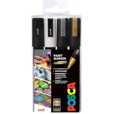 Posca PC-5M Medium Tip Acrylic Paint Marker Pens, 4 Mono Colours, For All Surfaces (Pack of 4 Pens) Posca PC-5M Medium Tip Acrylic Paint Marker Pens, 4 Mono Colours, For All Surfaces (Pack of 4 Pens)