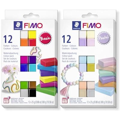 STAEDTLER Polymer Modelling Oven-Bake Clay Bundle FIMO Soft Set of 2 Packs in 12 Pastel & 12 Basic Colours, 8023C12 X1 STAEDTLER Polymer Modelling Oven-Bake Clay Bundle FIMO Soft Set of 2 Packs in 12 Pastel & 12 Basic Colours, 8023C12 X1