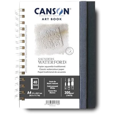 Canson Professional Art Book, Fine Grain Watercolour Saunders Waterford Paper, 300gsm, A4 Spiral Notebook, 20 White Sheets, for Professional Artists & Students Canson Professional Art Book, Fine Grain Watercolour Saunders Waterford Paper, 300gsm, A4 Spiral Notebook, 20 White Sheets, for Professional Artists & Students
