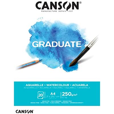 Canson Graduate Watercolour 250gsm A4 Paper CP 20 Natural White Sheets Cold Pressed, Pad Glued Short Side, For Art Students Canson Graduate Watercolour 250gsm A4 Paper CP 20 Natural White Sheets Cold Pressed, Pad Glued Short Side, For Art Students