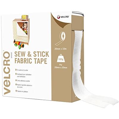 VELCRO Brand , Sew & Stick Fabric Tape, Cut-to-Length, White 20mm x 10m Sew On loop and Stick On adhesive Hook, Perfect for Attaching Fabrics to Hard Surfaces. VELCRO Brand , Sew & Stick Fabric Tape, Cut-to-Length, White 20mm x 10m Sew On loop and Stick On adhesive Hook, Perfect for Attaching Fabrics to Hard Surfaces.