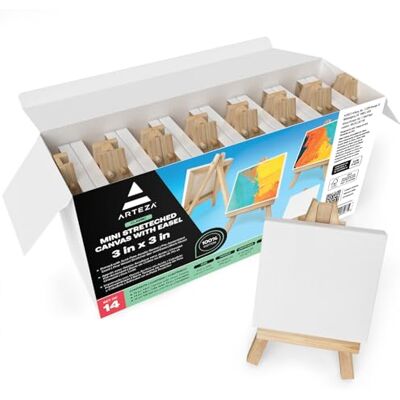ARTEZA Mini Leinwand mit Staffelei, Leinwand klein 7.6 x 7.6 cm, 100% Baumwolle, grundierte mini Keilrahmen 14er Pack, kleine Leinwand zum Bemalen, Acryl Pouring, für Ölfarben & nasse Kunsttechnicken ARTEZA Mini Leinwand mit Staffelei, Leinwand klein 7.6 x 7.6 cm, 100% Baumwolle, grundierte mini Keilrahmen 14er Pack, kleine Leinwand zum Bemalen, Acryl Pouring, für Ölfarben & nasse Kunsttechnicken