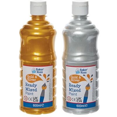 Baker Ross FN242 Gold and Silver Ready Mixed Poster Paints 600ml Box of 2, Paint Value Pack of Bottles, Paint for Kids Baker Ross FN242 Gold and Silver Ready Mixed Poster Paints 600ml Box of 2, Paint Value Pack of Bottles, Paint for Kids