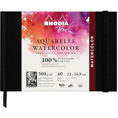 Rhodia 116155C Touch Watercolor Book, 100% cotton satin grain paper 300g A5 landscape, 40 pages sewn booklet with stiff edge, Black Rhodia 116155C Touch Watercolor Book, 100% cotton satin grain paper 300g A5 landscape, 40 pages sewn booklet with stiff edge, Black
