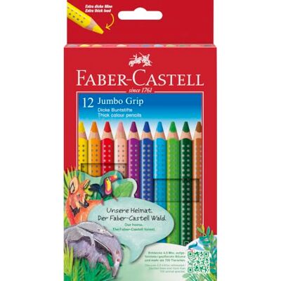 Faber-Castell Faber Castell 12 JUMBO GRIP COLOUR PENCILS + SHARPENER Water-soluble jumbo colouring pencils for children with bright colours and ergonomic triangular shape Faber-Castell Faber Castell 12 JUMBO GRIP COLOUR PENCILS + SHARPENER Water-soluble jumbo colouring pencils for children with bright colours and ergonomic triangular shape