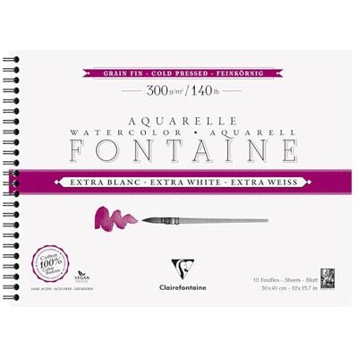 Clairefontaine 976052C Fontaine White Spiral-Bound Album 12 Sheets of Extra White Watercolour Paper 100% Cotton Fine Grain Professional Quality 30x40cm 300g Clairefontaine 976052C Fontaine White Spiral-Bound Album 12 Sheets of Extra White Watercolour Paper 100% Cotton Fine Grain Professional Quality 30x40cm 300g