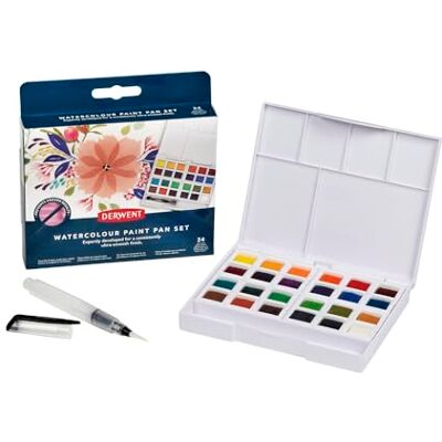 Derwent Watercolour Paint Pan 24 Set, Set of 24, Half Pan Size, Water-Soluble, Ideal for Painting, Professional Quality, Travel Size, 2306324 Derwent Watercolour Paint Pan 24 Set, Set of 24, Half Pan Size, Water-Soluble, Ideal for Painting, Professional Quality, Travel Size, 2306324