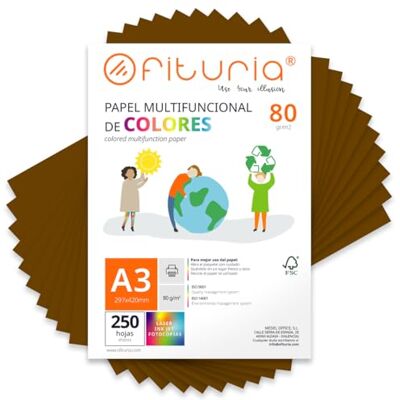 OFITURIA Coloured Sheets, Pack 250 Sheets A3 80 g – Coloured Paper for Crafts, Printer, Scrapbooking – Folios Colours – Ideal Origami, Papiroflexia, Office and School (Brown, 250h) OFITURIA Coloured Sheets, Pack 250 Sheets A3 80 g – Coloured Paper for Crafts, Printer, Scrapbooking – Folios Colours – Ideal Origami, Papiroflexia, Office and School (Brown, 250h)