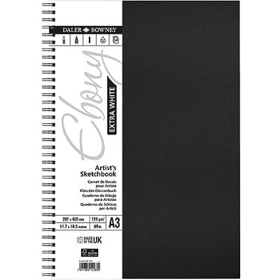 Daler Rowney Daler-Rowney Extra White Ebony 130gsm A3 Portrait Sketchbook, Spiralbound, 30 White Sheets, For Professional Artists & Students Daler Rowney Daler-Rowney Extra White Ebony 130gsm A3 Portrait Sketchbook, Spiralbound, 30 White Sheets, For Professional Artists & Students
