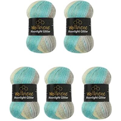 Wollbiene Moonlight Glitter Batik Simli 5 x 100g Metallic Wool 500g Gradient Wool for Knitting & Crocheting (Turquoise Grey Beige) Wollbiene Moonlight Glitter Batik Simli 5 x 100g Metallic Wool 500g Gradient Wool for Knitting & Crocheting (Turquoise Grey Beige)