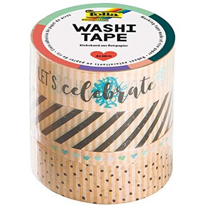 Folia 26447 Washi Tape Made of Rice Paper Set of 4 Kraft Paper "Let's Celebrate", 3 Rolls 10 m x 15 mm and 1 Roll 10 m x 5 mm, Ideal for Embellishment and Decorating, Scrapbooking Folia 26447 Washi Tape Made of Rice Paper Set of 4 Kraft Paper "Let's Celebrate", 3 Rolls 10 m x 15 mm and 1 Roll 10 m x 5 mm, Ideal for Embellishment and Decorating, Scrapbooking