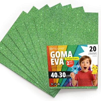 OFITURIA Glitter Eva Rubber for Creative Crafts, Glitter Foam Sheets for DIY, School Projects, Decorative Art, Scrapbooking 40 x 30 cm (Green Glitter, 20 pcs) OFITURIA Glitter Eva Rubber for Creative Crafts, Glitter Foam Sheets for DIY, School Projects, Decorative Art, Scrapbooking 40 x 30 cm (Green Glitter, 20 pcs)