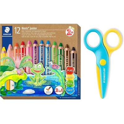 STAEDTLER Noris Junior 3-in-1 Colouring Pencils and Safety Scissors, Colourful, Wax Crayon and Watercolour Pencil, Ideal for Toddlers, Cuts Paper Only, 12 Colours, Sharpener and Safety Scissors, 140 STAEDTLER Noris Junior 3-in-1 Colouring Pencils and Safety Scissors, Colourful, Wax Crayon and Watercolour Pencil, Ideal for Toddlers, Cuts Paper Only, 12 Colours, Sharpener and Safety Scissors, 140