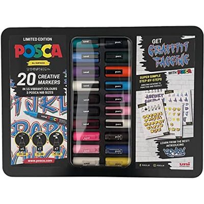 Posca Water Based Permanent Marker Paint Pens. Street Art Gift Set Tin for Arts and Crafts. Multi Surface Use On Wood Metal Paper Cardboard Glass Canvas Fabric Ceramic Rock. Set of 20 Assorted Posca Water Based Permanent Marker Paint Pens. Street Art Gift Set Tin for Arts and Crafts. Multi Surface Use On Wood Metal Paper Cardboard Glass Canvas Fabric Ceramic Rock. Set of 20 Assorted
