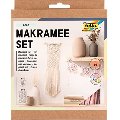 Folia 23719 Boho Macrame Set, 10 Pieces, Yarn (Natural Beige), Yarn (Rose), Wooden Stick, Wooden Beads, 100% Cotton, with Instructions, for Crafts and Knotting Folia 23719 Boho Macrame Set, 10 Pieces, Yarn (Natural Beige), Yarn (Rose), Wooden Stick, Wooden Beads, 100% Cotton, with Instructions, for Crafts and Knotting