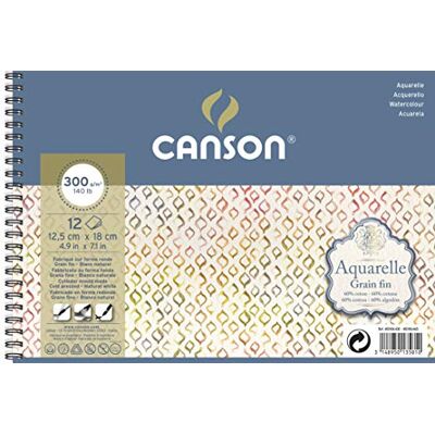 Canson Aquarelle Watercolour Cold Pressed 300gsm Paper, Spiral Pad Short Side, 12.5x18cm Natural White 12 Sheets, For Professional Artists Canson Aquarelle Watercolour Cold Pressed 300gsm Paper, Spiral Pad Short Side, 12.5x18cm Natural White 12 Sheets, For Professional Artists