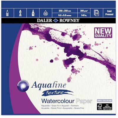 Daler Rowney Daler-Rowney Aquafine Textured Cold-Pressed Watercolour & Gouache 300gsm 25 x 25cm Paper Pad, Natural White, Glued 1 Side, 12 Sheets, For Professional & Beginner Artists & Students, Acid-Free Daler Rowney Daler-Rowney Aquafine Textured Cold-Pressed Watercolour & Gouache 300gsm 25 x 25cm Paper Pad, Natural White, Glued 1 Side, 12 Sheets, For Professional & Beginner Artists & Students, Acid-Free