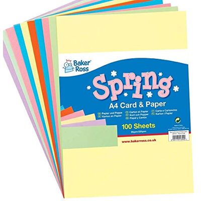 Baker Ross AX707 A4 Spring Colours Card and Paper Pack of 100 Sheets,Value Pack of Creative Art Supplies for Kids,Yellow,Blue,Green,Pink Baker Ross AX707 A4 Spring Colours Card and Paper Pack of 100 Sheets,Value Pack of Creative Art Supplies for Kids,Yellow,Blue,Green,Pink