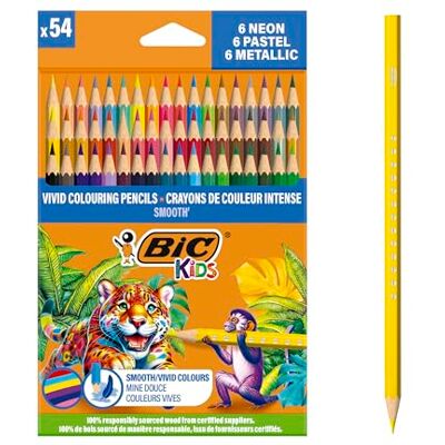 BIC Kids Smooth' Colouring Pencils Made from 100% Responsibly Sourced Wood- Assorted Standard, Metallic, Pastel and Neon Colours, Pack of 54 BIC Kids Smooth' Colouring Pencils Made from 100% Responsibly Sourced Wood- Assorted Standard, Metallic, Pastel and Neon Colours, Pack of 54