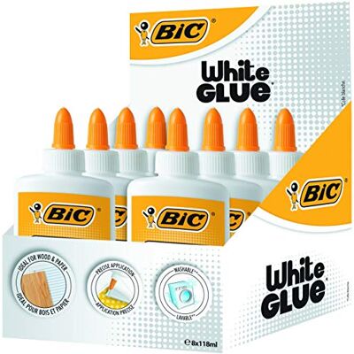 BIC Liquid White Glue Box of 8 118 ml Bottles of Glue for Paper, Crafts or Wood Washable with Precise Applicator Tip BIC Liquid White Glue Box of 8 118 ml Bottles of Glue for Paper, Crafts or Wood Washable with Precise Applicator Tip