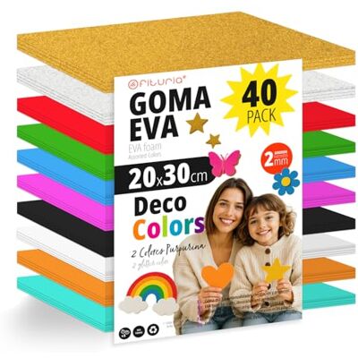 OFITURIA Pack of 40 EVA Rubber Sheets Decorative Colours 20 x 30 cm, 10 Assorted Colours, for School or Home Use, EVA Rubber (Decoration Assortment) OFITURIA Pack of 40 EVA Rubber Sheets Decorative Colours 20 x 30 cm, 10 Assorted Colours, for School or Home Use, EVA Rubber (Decoration Assortment)