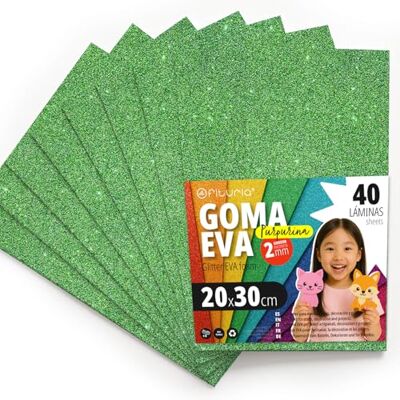 OFITURIA Glitter Eva Rubber for Creative Crafts, Glitter Foam Sheets for DIY, School Projects, Decorative Art, Scrapbooking 20 x 30 cm (Green Glitter, 40 pcs) OFITURIA Glitter Eva Rubber for Creative Crafts, Glitter Foam Sheets for DIY, School Projects, Decorative Art, Scrapbooking 20 x 30 cm (Green Glitter, 40 pcs)