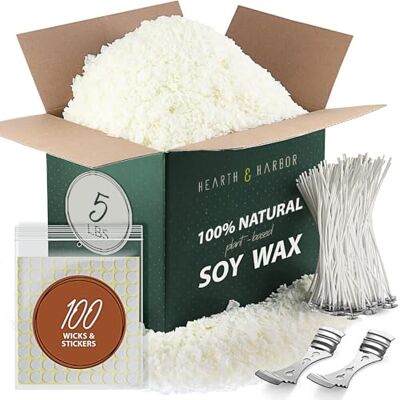 Hearth & Harbor Soy Candle Wax for Candle Making Natural Soy Wax for Candle Making 2.25 kg Bag, Premium Soy Wax Flakes, 100 Cotton Candle Wicks, 100 Wick Stickers, & 2 Centering Devices Hearth & Harbor Soy Candle Wax for Candle Making Natural Soy Wax for Candle Making 2.25 kg Bag, Premium Soy Wax Flakes, 100 Cotton Candle Wicks, 100 Wick Stickers, & 2 Centering Devices
