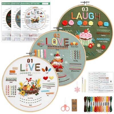 VINATO Embroidery Kit for Beginners, 3 Festive Print Patterns, Bamboo Frame 20 cm, Scissors, 10 Colors Threads, Full Cross Stitch Set, Creative Hobby for Adults VINATO Embroidery Kit for Beginners, 3 Festive Print Patterns, Bamboo Frame 20 cm, Scissors, 10 Colors Threads, Full Cross Stitch Set, Creative Hobby for Adults