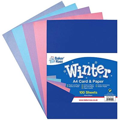 Baker Ross AX393 A4 Winter Colours Card and Paper Pack of 100, Value Pack of Creative Art Supplies for Kids, Christmas Crafts and Decorations. Baker Ross AX393 A4 Winter Colours Card and Paper Pack of 100, Value Pack of Creative Art Supplies for Kids, Christmas Crafts and Decorations.